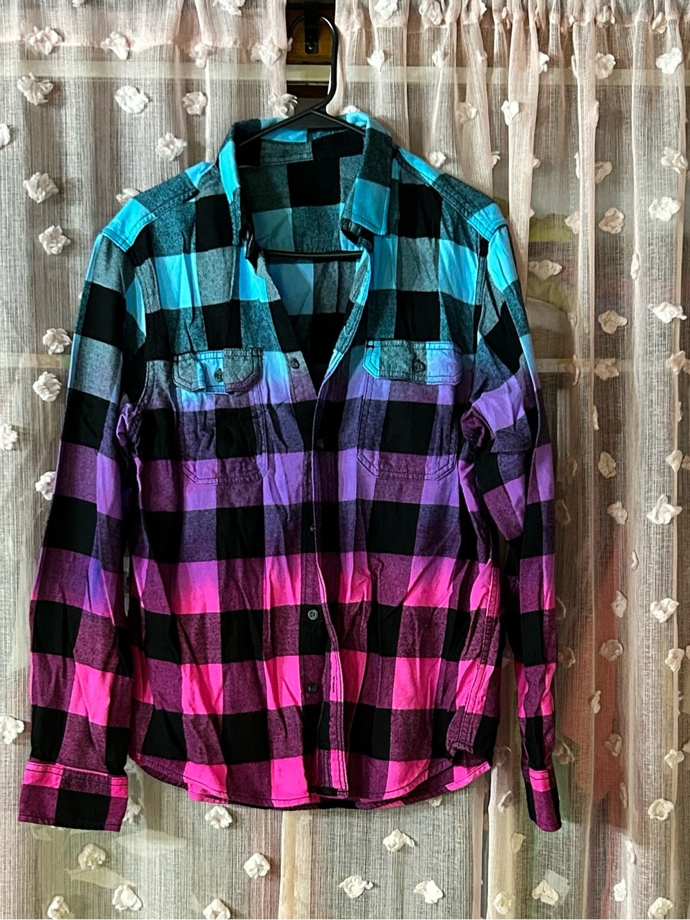 Ombre Plaid Button-Up Shirt - Black with Blue, Purple & Pink